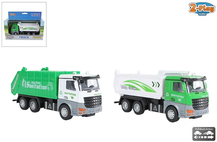 2-Play kiepwagen/vuilniswagen die cast pull back 15cm