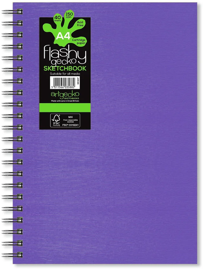 Artgecko Artgecko Flashy Spiral-Skizzenbuch, A4, Hochformat, 150 g, 40 Blatt, weiß-violetter Einband