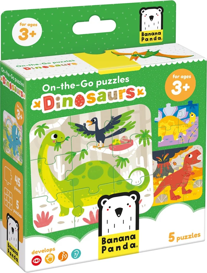 Banana Panda On-the-Go Puzzle Dinosaurier 3+ – FÜNF Puzzles mit 9 Teilen – Lustiges Dino-Puzzle-Spielzeug