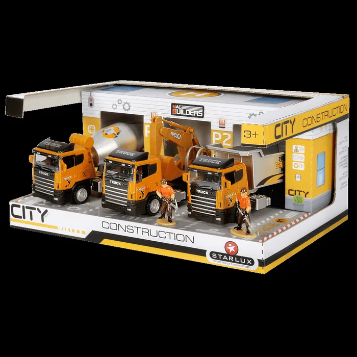 Bauhof Spielzug Set inkl. Baufahrzeuge und Figuren