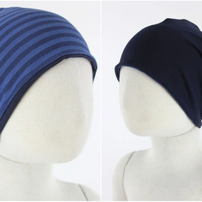 Beanie für Kinder zum Wenden blau gestreift