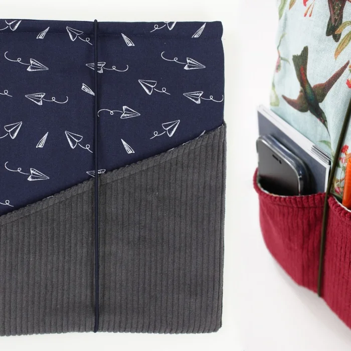 Buchtasche Cord dunkelgrau mit Papierflieger-Muster – wasserabweisende Buchhülle mit Außentaschen