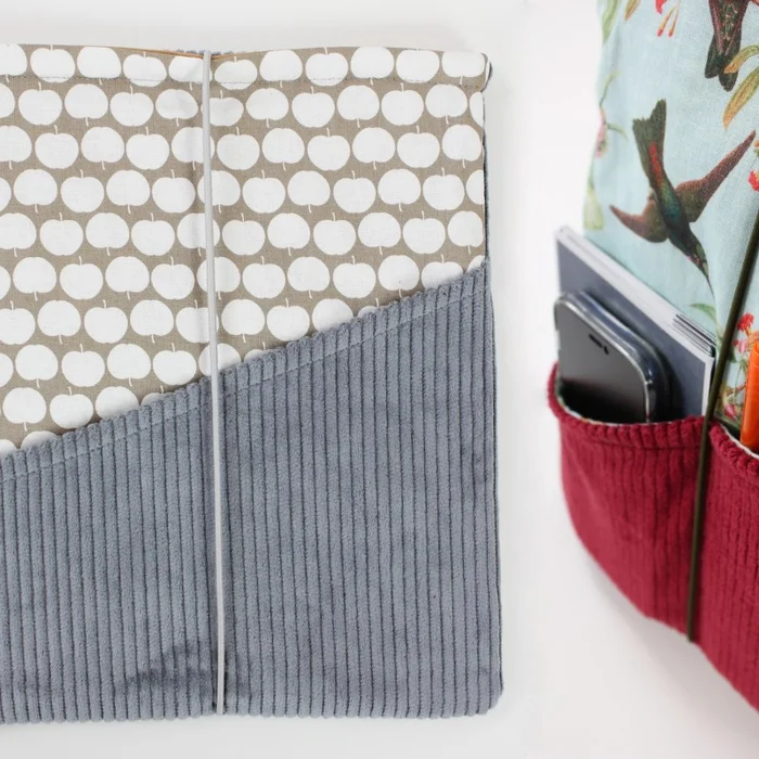 Buchtasche Cord hellgrau mit Apfel-Muster – wasserabweisende Buchhülle mit Außentaschen