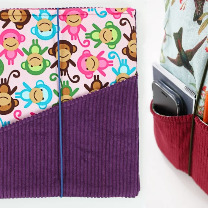 Buchtasche Cord lila mit Affen-Muster – wasserabweisende Buchhülle mit Außentaschen