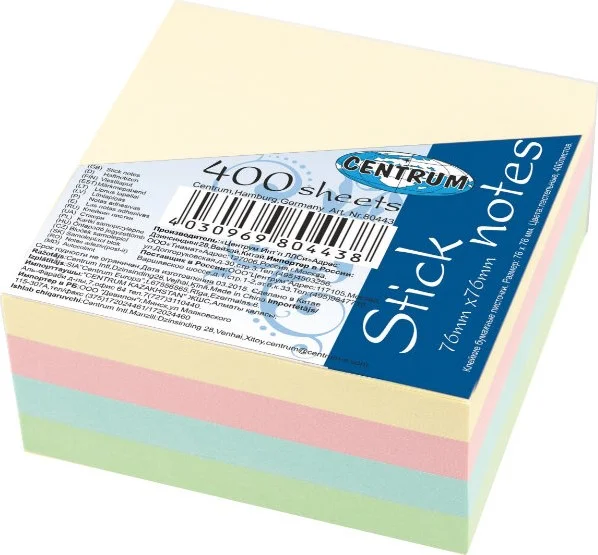 Center Stick Notes Pastell 400 Blatt 76x76mm 80443