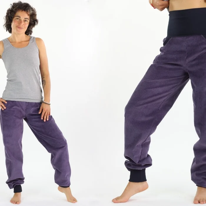 Cordhose lila mit marine Bündchen unisex