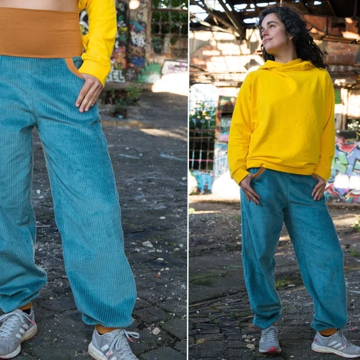 Cordhose petrol mit ocker Bündchen unisex