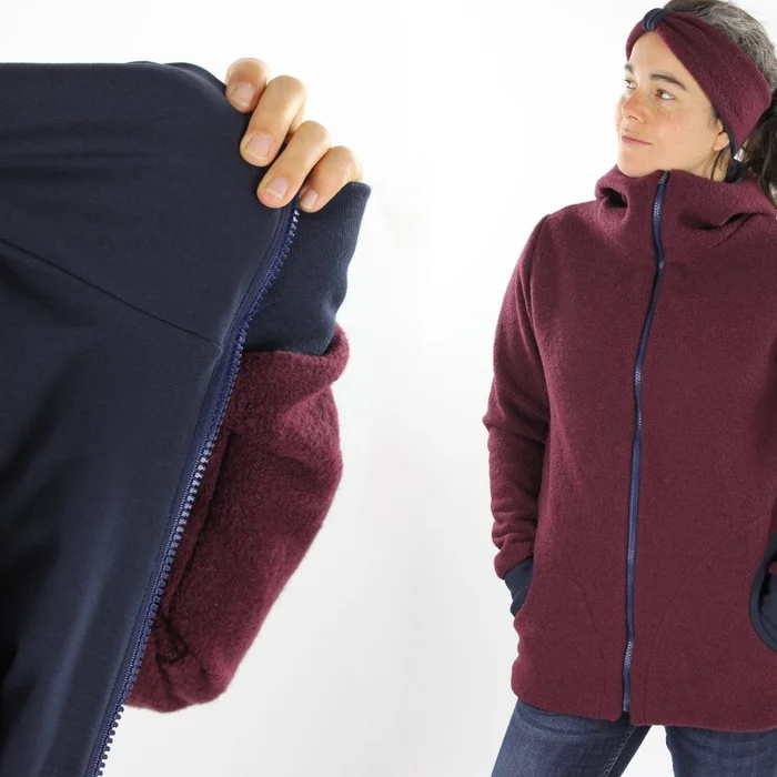 Damen-Wollwalkjacke beere und marine