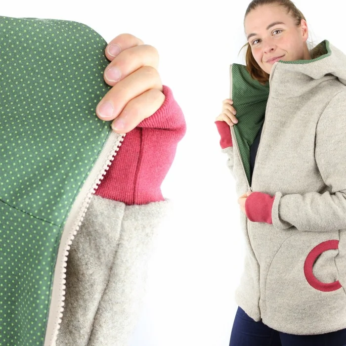 Damen-Wollwalkjacke, beige mit Punkten auf grün