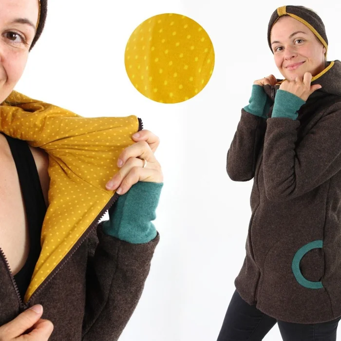 Damen-Wollwalkjacke braun mit Punkten auf gelb