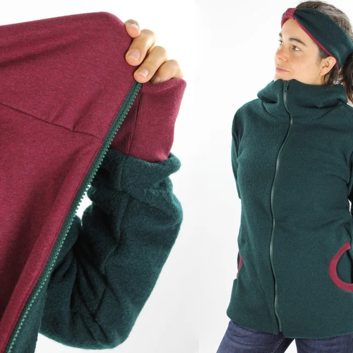 Damen-Wollwalkjacke dunkelgrün und beere meliert