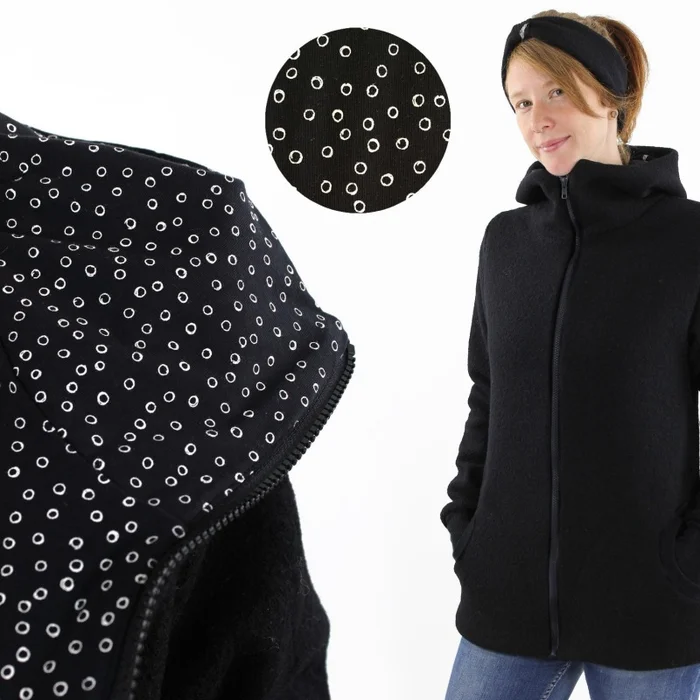 Damen-Wollwalkjacke schwarz mit weißen Kringeln