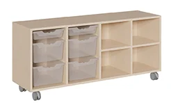 Fahrbares Regal mit 2 flachen und 4 hohen ErgoTray Boxen und 4 Regalfächern