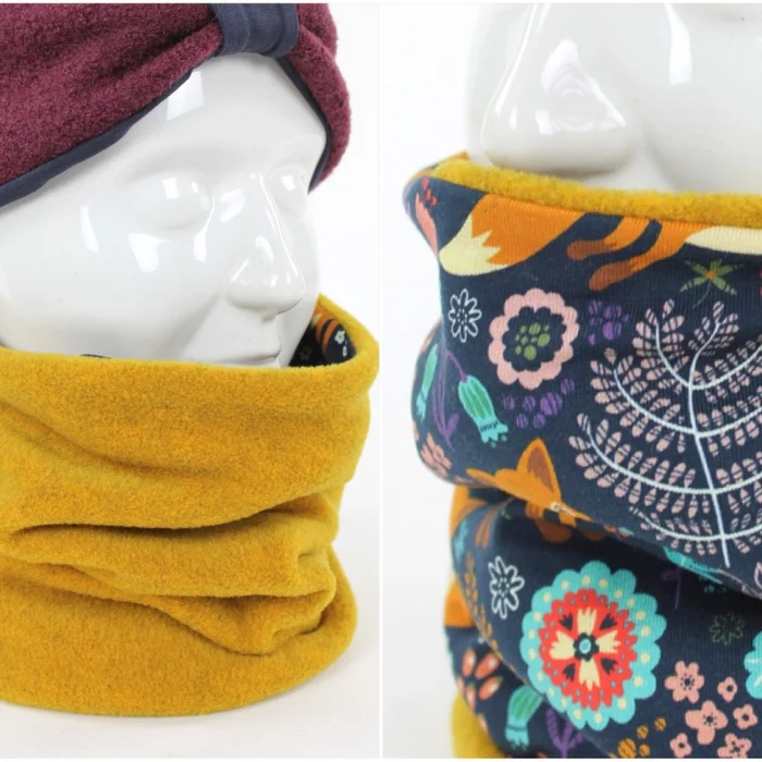Fleece-Loopschal zum Wenden gelb und Mohnfüchse