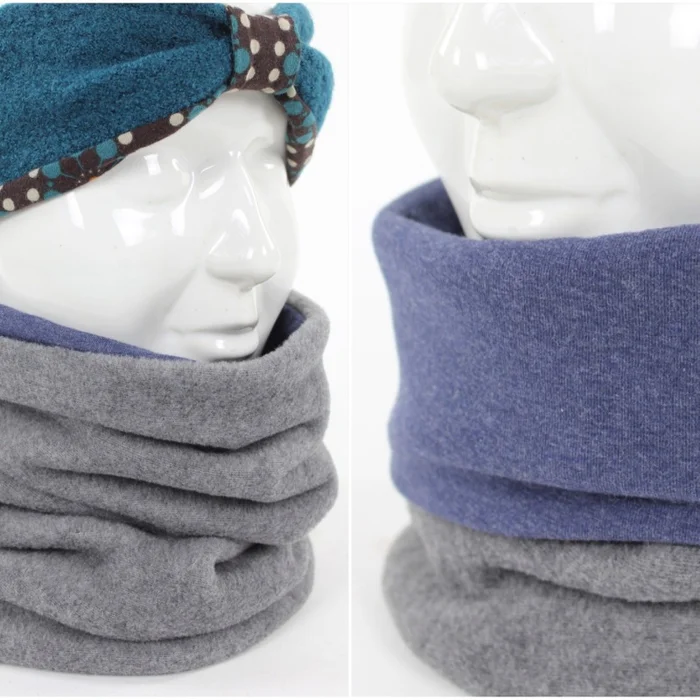 Fleece-Loopschal zum Wenden hellgrau und marine meliert