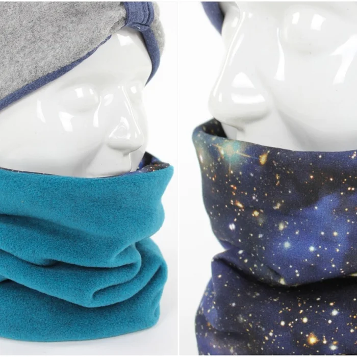 Fleece-Loopschal zum Wenden petrol und Blue Galaxy