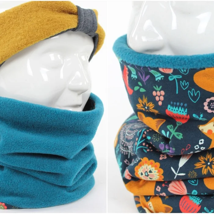 Fleece-Loopschal zum Wenden petrol und Mohnfüchse