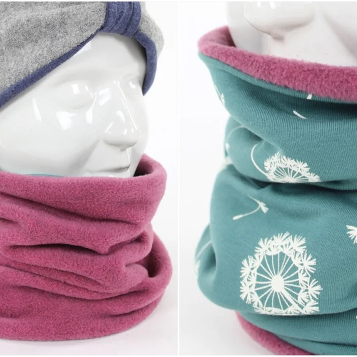 Fleece-Loopschal zum Wenden rosa und Pusteblumen