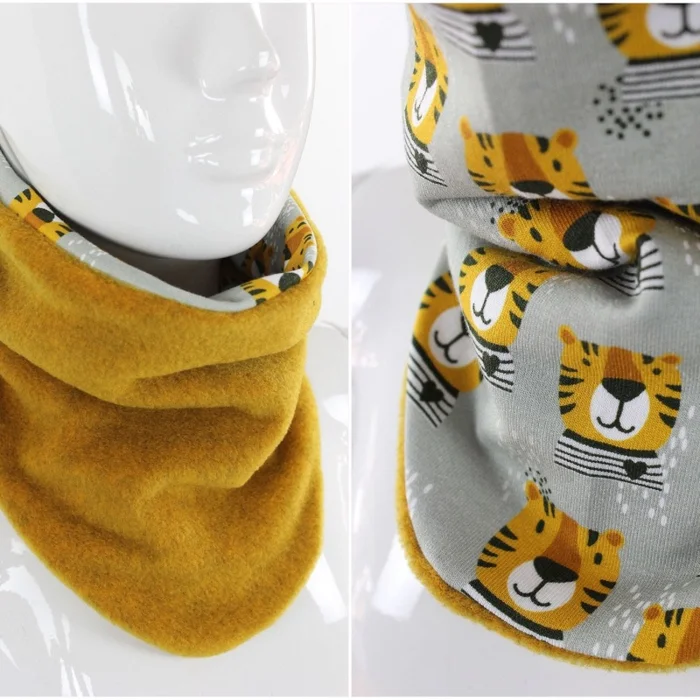 Fleece-Schlupfschal zum Wenden gelb und Tiger grau