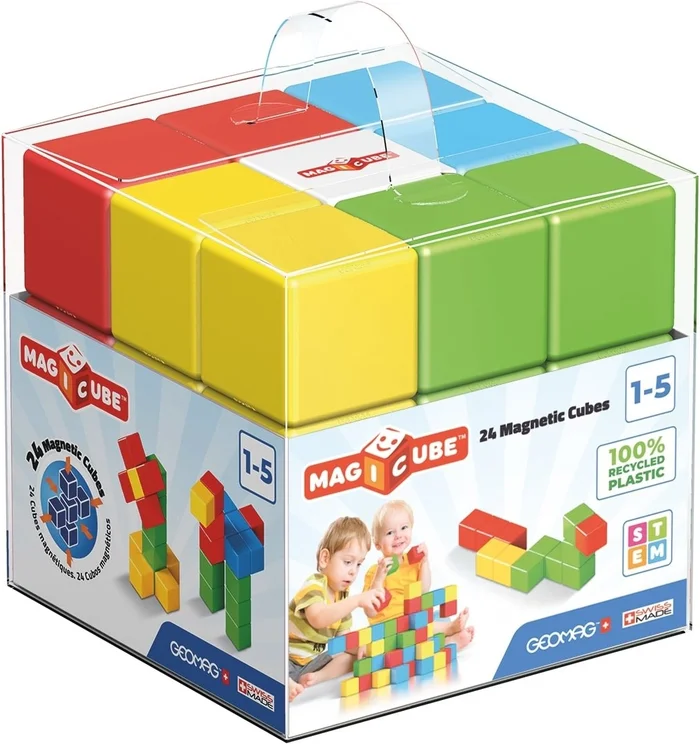 Geomag 56 Magicube-24 Würfel-Magnetisches Konstruktionsspielzeug für Kinder-Green Line-Lernspiel aus 100% Recyclingkunststoff