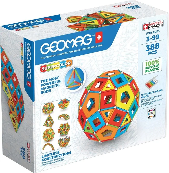 Geomag – Classic Masterbox Magnetische Bausteine für Kinder, Magnetisches Spielzeug, Grüne Kollektion 100 % Recyceltes Plastik, 3-99 Jahre, 388 Teile, 193, Supercolor