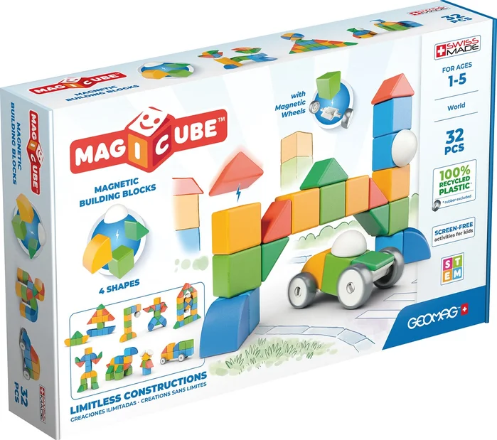 Geomag – Magiccube 1+ Formen – Magnetische Blöcke für Kinder – 4 Farben und Formen – 32 Würfel – 100 % recyceltes Plastik