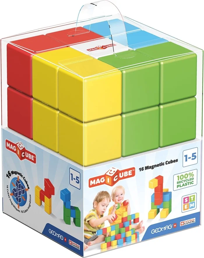 Geomag Magicube – 16 Würfel – Magnetisches Konstruktionsspielzeug für Kinder – Green Line – Lernspiel aus 100% Recyclingkunststoff