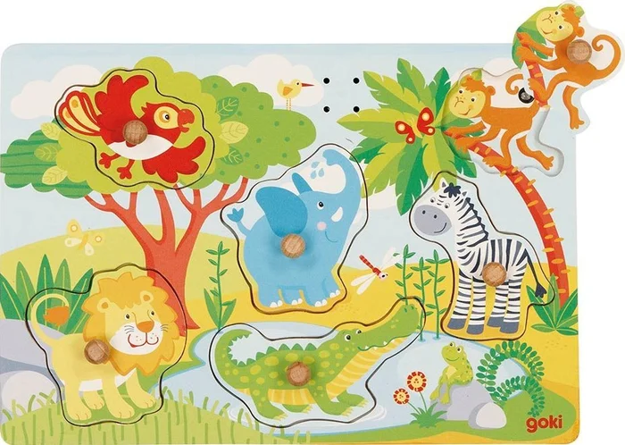 Goki Houten Noppenpuzzel Dierentuin met Geluid, 6st.