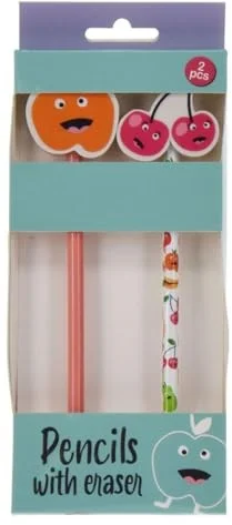 Grijze Schoolpotloden met Gum in Fruitthema, 2st.