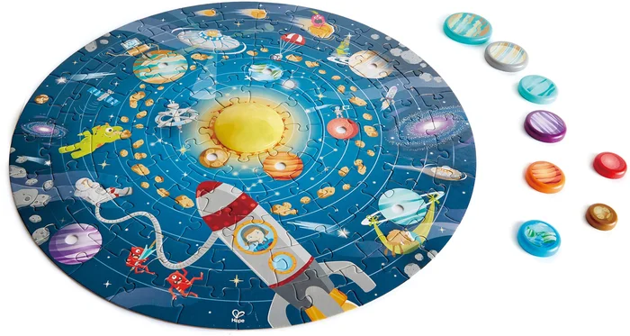 Hape Puzzle “Sonnensystem” | Rundes Sonnensystem Puzzle Spielzeug für Kinder, Holzteile und eine leuchtende LED-Sonne