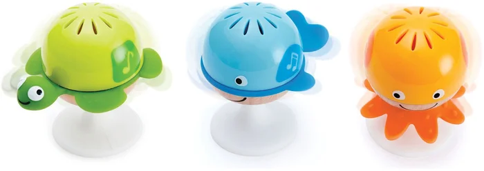 Hape Saugknopf Rasselset | Drei Wassertiere mit Beißringelementen | Lernspielzeug-Set für Babys