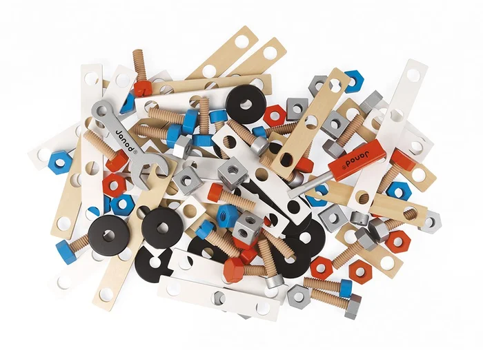 Janod – Brico’Kids Eimer mit 50 Teilen, Holz-Konstruktionsspiel und Spielzeugnachbildung, mit 5 Modellen, feinmotorische Fähigkeiten und Kreativität, ab 3 Jahren, J06480