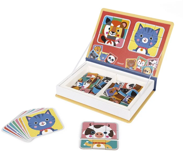 Janod – Magnéti’Book Mix & Match Tiere – Magnetisches Lernspiel – 8 Tiermotive zum Zusammensetzen – 72 Magnete, Viele Kombinationen und Mögliche Kreationen – Ab 3 Jahren, J02587