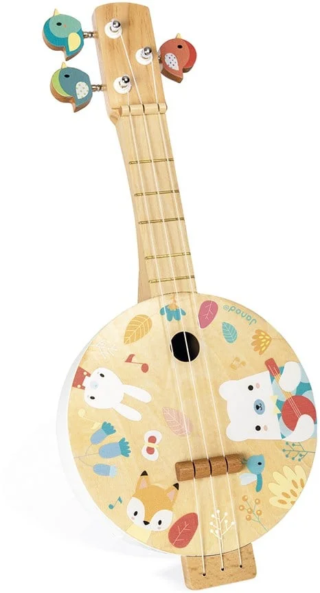 Janod – Pure Banjo – Holz Musikinstrument für Kinder mit Hübschen Illustrationen – Stimmschlüssel in Vogelform – 3 Ersatzsaiten – Farben auf Wasserbasis – Ab 3 Jahren, J05160