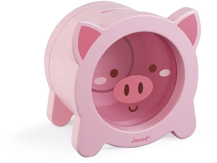 Janod – Schweinchen-Spardose aus Holz für Kinder – Transparente Seite und magnetische Klappe – Kinderzimmer-Deko – Ab 3 Jahren, J04653