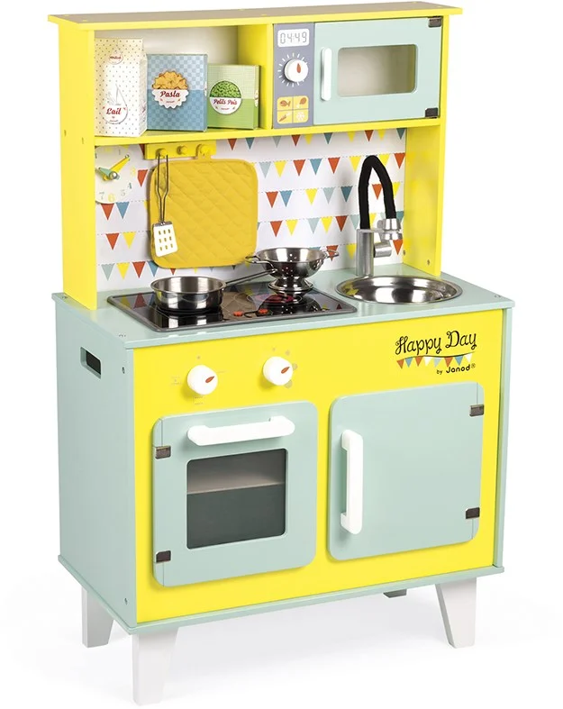 Janod Holzküche Küche Happy Day mit Zubehör (Inkl. 7 Teile Zubehör)