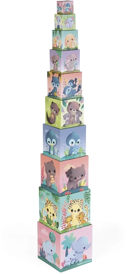 Janod J02652 Quadratische Pyramide-Niedliche Tiere-Baby-und Kleinkindspielzeug-Spielzeug zum Stapeln und Stecken-Erlernen der Größen-und Zahlenbegriffe-Ab 1 Jahr