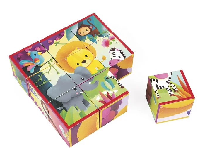 Janod J02732 Kubkid Motivwürfel 9 Stück, Dschungeltiere