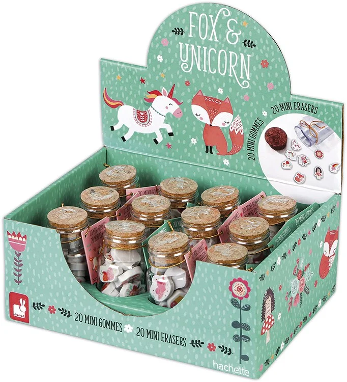 Janod J07864 Mini-Radiergummi, Fuchs und Einhorn, 20 Stück