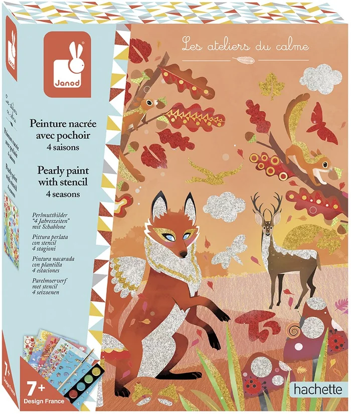Janod J07952 Perlmuttfarbe mit Schablone 4 Jahreszeiten-Les Ateliers du Calme-Set für kreative Freizeitbeschäftigungen für Kinder-Entwicklung von Feinmotorik und Konzentration-Ab 7 Jahren