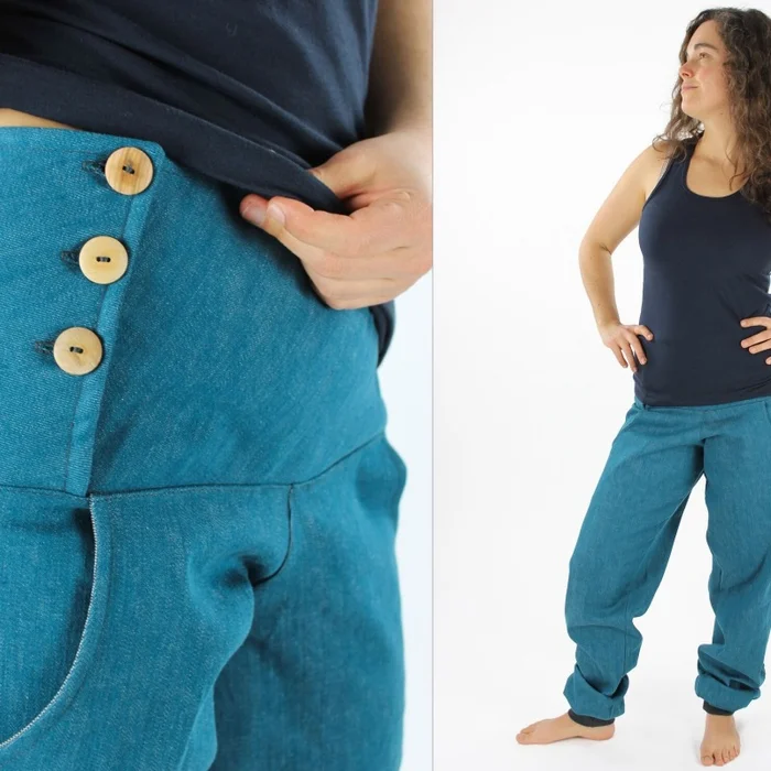 Jeanshose mit Holzknopfverschluss petrol, maximale Bewegungsfreiheit