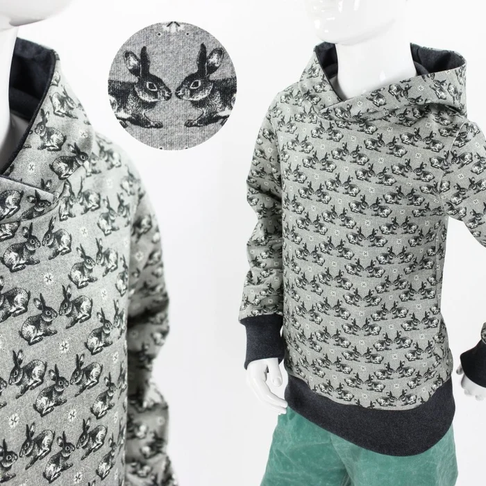 Kapuzenpulli für Kinder aus Jersey grau mit Hasen