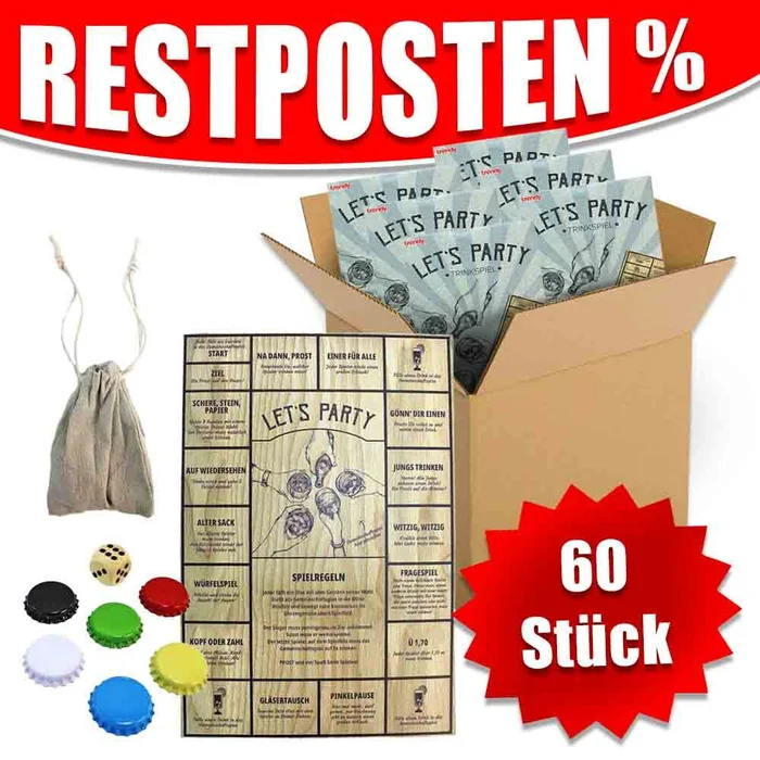 Karton mit 60x Trinkspiel Brettspiel „Lets Party“ aus Holz