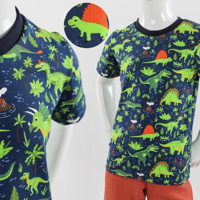 Kinder-T-Shirt dunkelblau mit grünen Dinos