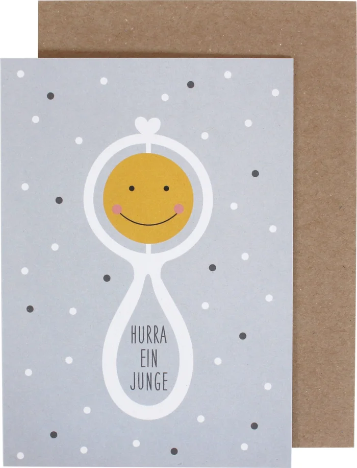 Klappkarte Rassel Hurra ein Junge blau von Ava & Yves