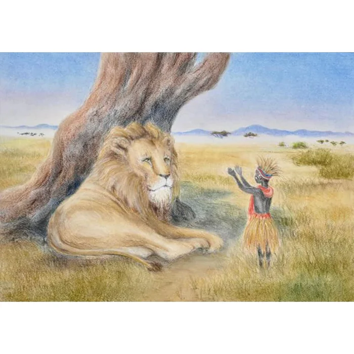 Monika Speck Kunstkarte No 5745 – Der kleine Zauberer heilt den kranken Löwen