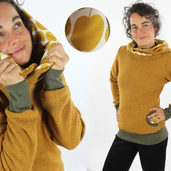 SALE S Merino-Wollpulli gelb mit Äpfeln