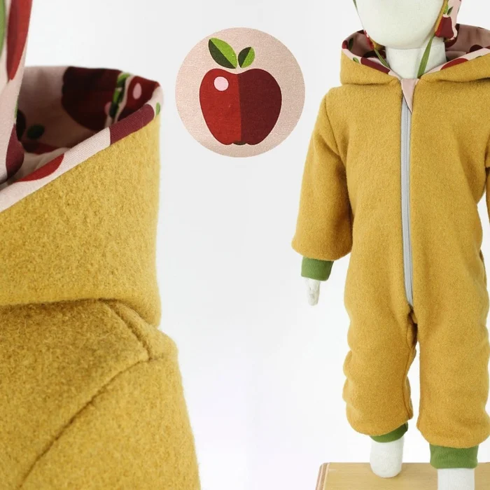SALE Wollanzug für Kinder gelb mit Äpfeln