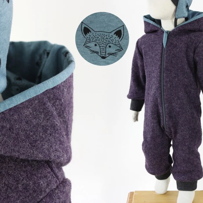 SALE Wollanzug für Kinder lila mit Füchsen