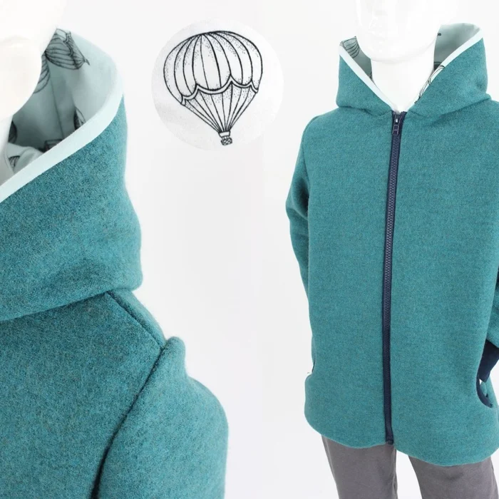 SALE Wolljacke für Kinder petrol mit Heißluftballons BIO-STOFFE